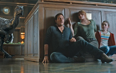 The Indoraptor stalks its prey—(L to R) Owen (CHRIS PRATT), Claire (BRYCE DALLAS HOWARD) and Maisie (ISABELLA SERMON) in "Jurassic World: Fallen Kingdom." When the island's dormant volcano begins roaring to life, Owen and Claire (Bryce Dallas Howard) mount a campaign to rescue the remaining dinosaurs from this extinction-level event. Welcome to "Jurassic World: Fallen Kingdom."